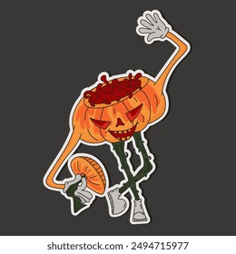 A sticker of a creepy pumpkin in a bow with a cut-off top in the flat style.