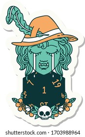 sticker of a crying bard orc bard character with natural one D20 roll