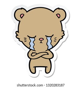 adesivo de um urso de desenho animado chorando com braços dobrados