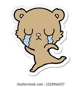 sticker of a crying cartoon bear running away