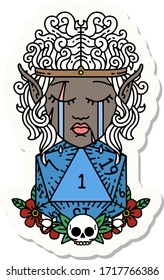 sticker of a crying elf barbarian character with natural one D20 roll