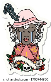 sticker of a crying elf bard character face with natural one d20 dice roll