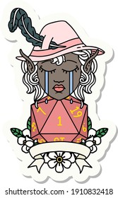 sticker of a crying elf bard character with natural one D20 roll
