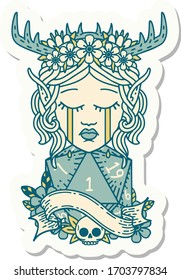 sticker of a crying elf druid character face with natural one D20 dice roll