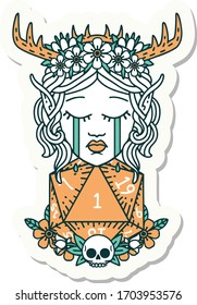 sticker of a crying elf druid character face with natural one D20 roll
