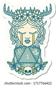sticker of a crying elf druid character face with natural one D20 roll