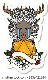 sticker of a crying elf druid character face with natural one roll
