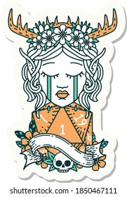 sticker of a crying elf druid character face with natural one D20 dice roll