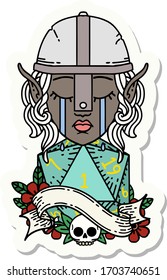 sticker of a crying elf fighter character face with natural one D20 roll