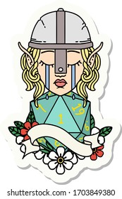 sticker of a crying elf fighter character face with natural one D20 roll