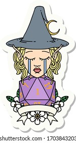 sticker of a crying elf mage character with natural one dice roll