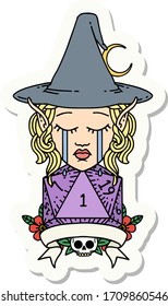 sticker of a crying elf mage character with natural one dice roll