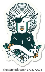 sticker of a crying elf rogue character face with natural one D20 roll