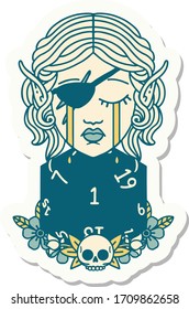 sticker of a crying elf rogue character face with natural one D20 roll