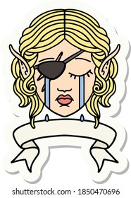 sticker of a crying elf rogue character face with banner
