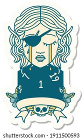 sticker of a crying elf rogue character with natural one D20 roll