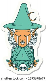 sticker of a crying elf witch with natural one D20 roll