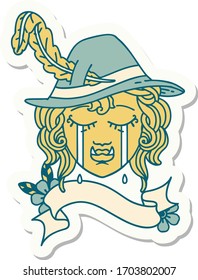 sticker of a crying half orc bard character face