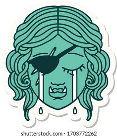 sticker of a crying half orc rogue character face