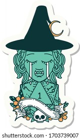 sticker of a crying half orc witch character face with natural one d20 dice roll