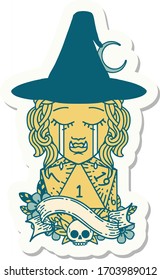 sticker of a crying half orc witch character face with natural one d20 dice roll