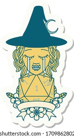 sticker of a crying half orc witch character with natural one roll