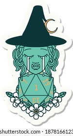 sticker of a crying half orc witch with natural one D20 dice roll