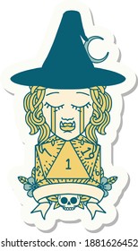 sticker of a crying half orc witch character with natural one roll