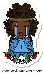 sticker of a crying human barbarian with natural one D20 roll