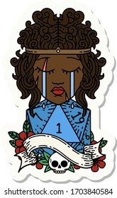 sticker of a crying human barbarian with natural one d20 roll