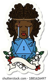 sticker of a crying human barbarian with natural one d20 roll