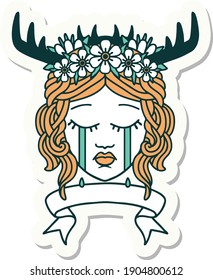 sticker of a crying human druid with banner