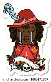 sticker of a crying human druid character with natural one D20 roll