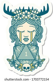 sticker of a crying human druid with natural one D20 roll