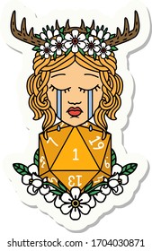 sticker of a crying human druid with natural one D20 roll