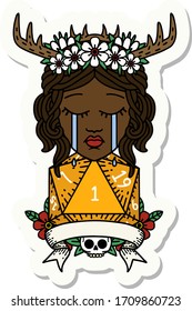 sticker of a crying human druid with natural one roll