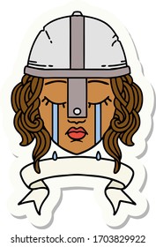 sticker of a crying human fighter character with banner