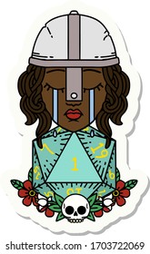 sticker of a crying human fighter with natural one D20 roll