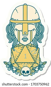 sticker of a crying human fighter with natural one D20 roll