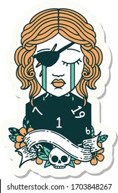 sticker of a crying human rogue with natural one D20 roll