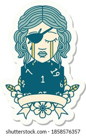 sticker of a crying human rogue with natural one roll