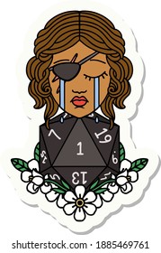 sticker of a crying human rogue with natural one d20 roll