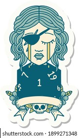sticker of a crying human rogue with natural one roll