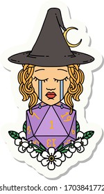 sticker of a crying human witch with natural one D20 dice roll