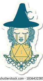 sticker of a crying human witch with natural one D20 dice roll