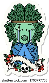 sticker of a crying orc barbarian character face with natural one D20 roll