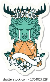 sticker of a crying orc barbarian character face with natural one D20 roll