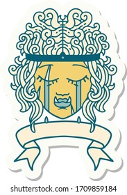 sticker of a crying orc barbarian character face with banner
