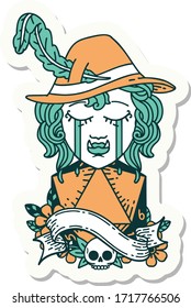 sticker of a crying orc bard character with natural one D20 roll