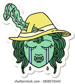 sticker of a crying orc bard character 